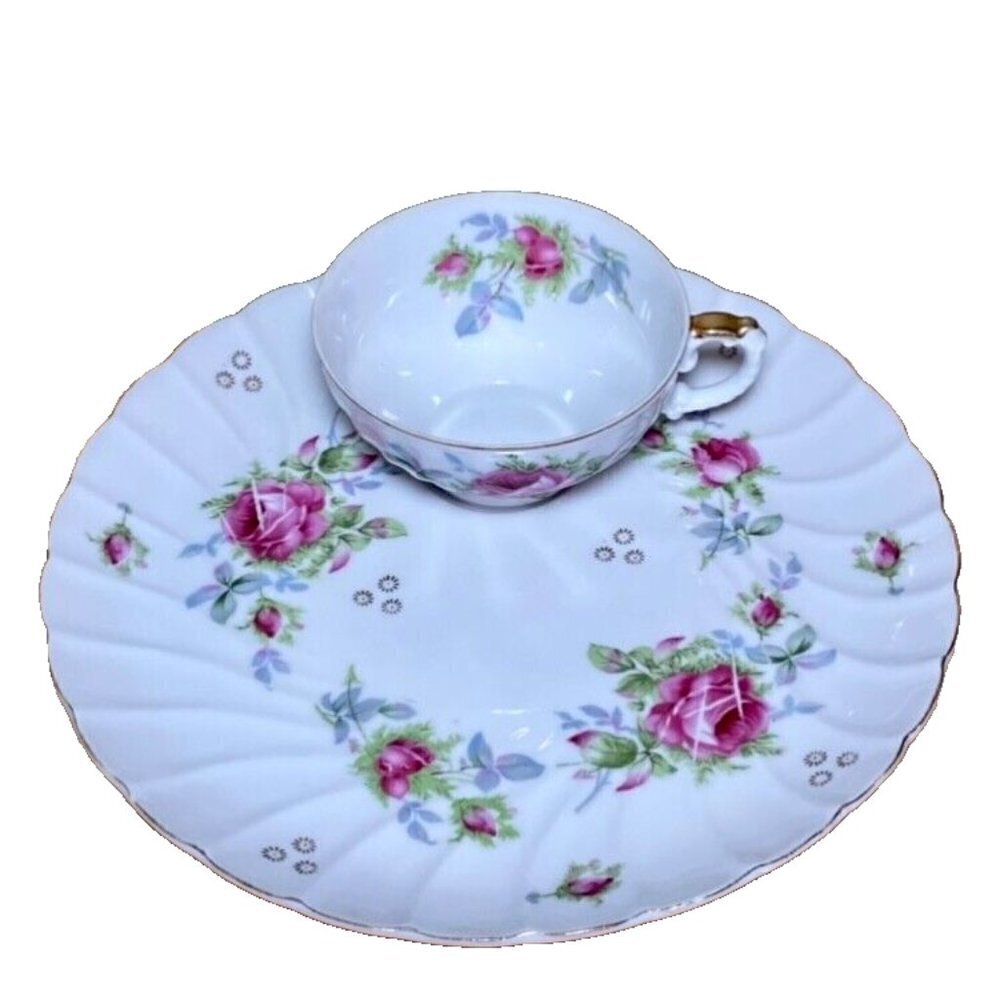 Bone China • Tea Cup & Snack Tray • Pink Purple Green •‎ Gold Trim • Marked AACO